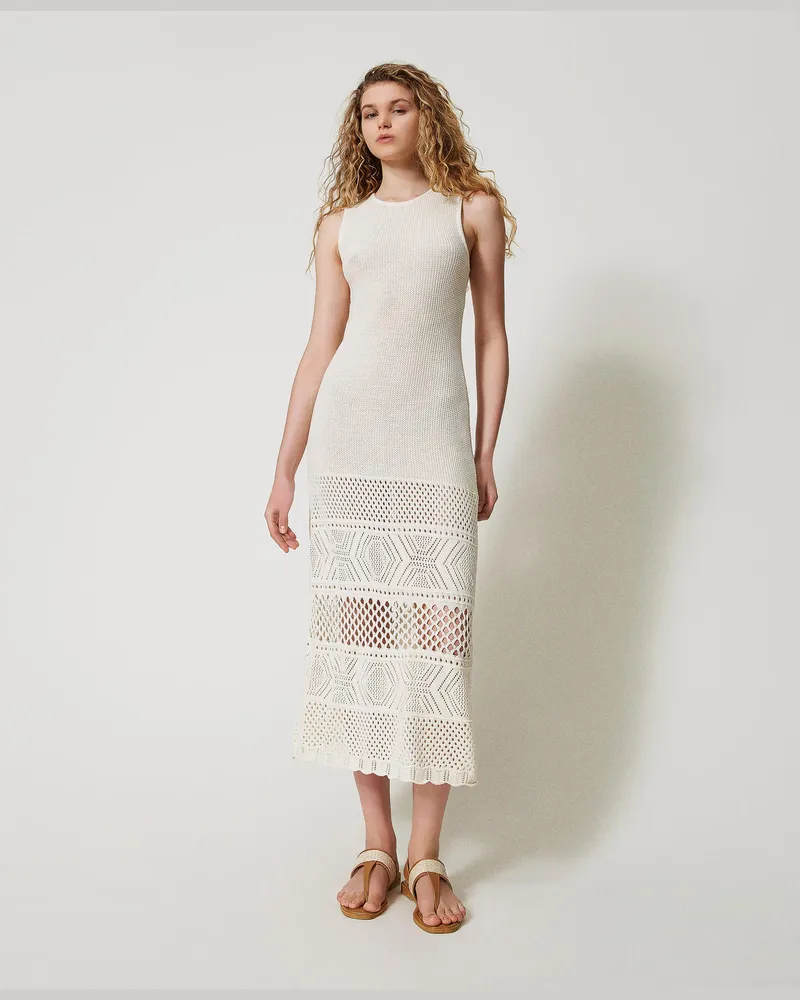 Twin-Set Kleider - Maxistrickkleid mit Durchbruchmuster, Beige, Baumwolle, Größe Beige