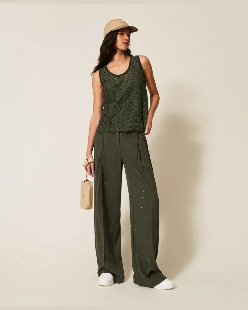 Twin-Set Hosen - Hose aus Twill mit Nieten, „Thyme"-Grün, Größe „thyme“-grün