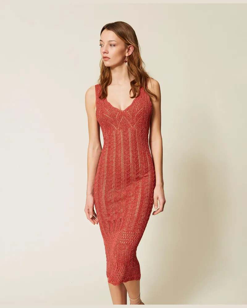 Twin-Set Kleider - Langes, figurbetontes Strickkleid mit Lurex, Dunkles „Lip Gloss"-Rot Lurex, Größe Dunkles