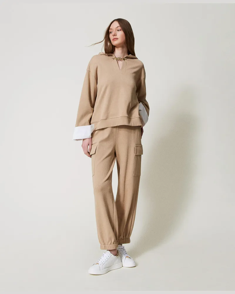 Twin-Set Hosen - Cargohose mit „Oval T"-Kette, "Rope"-Beige, Baumwolle, Größe Rope-beige