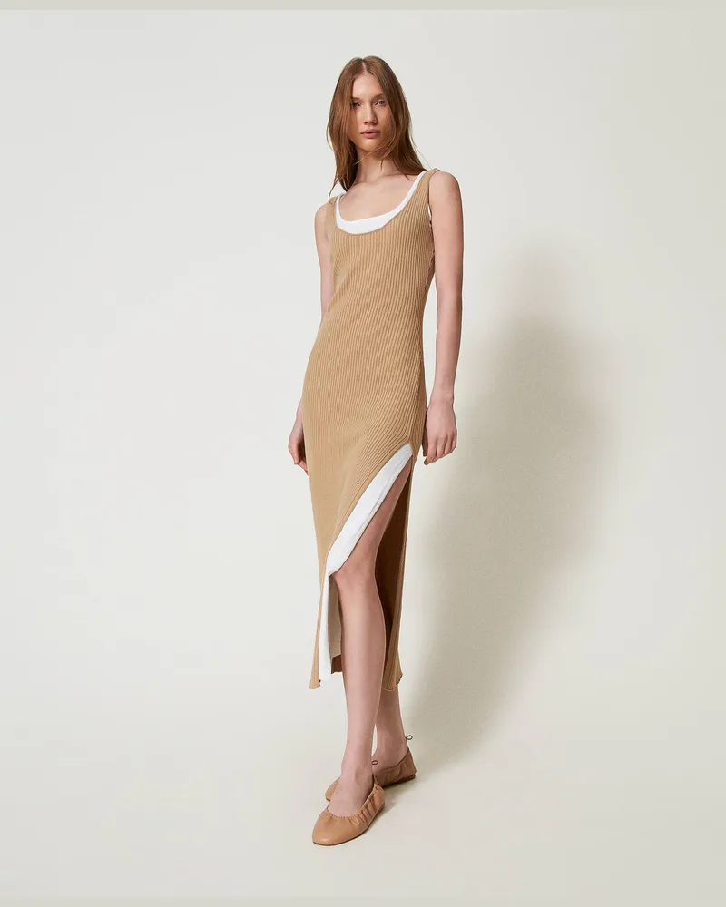 Twin-Set Kleider - Figurbetontes Strickkleid mit Trompe-l'Œil-Effekt, Zweifarbig "Rope"-Beige / Schneeweiß, Baumwolle, Größe Zweifarbig