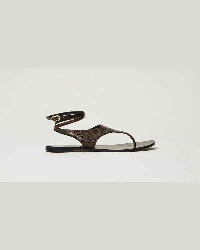 Twin-Set Schuhe - Flache Zehentrennersandale aus Leder, Pitone Chocolate, Animal, Größe Pitone