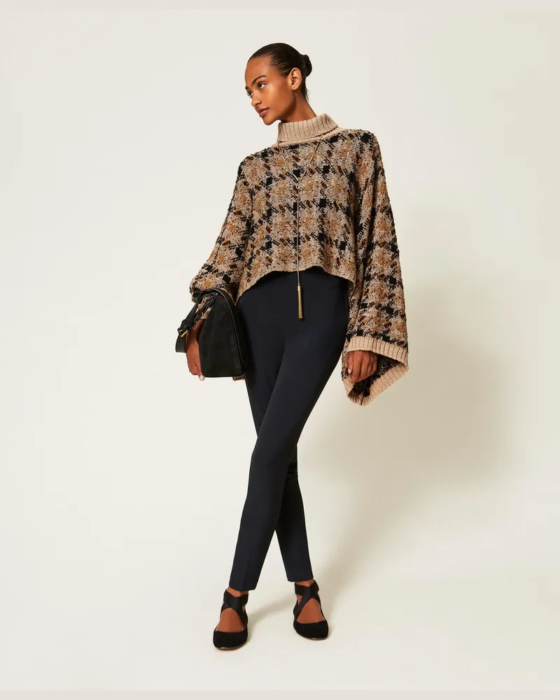 Twin-Set Cape aus Jacquardstrick mit Karomuster, Damen, Jacquard-Karomuster Brandy Brown Jacquard-karomuster