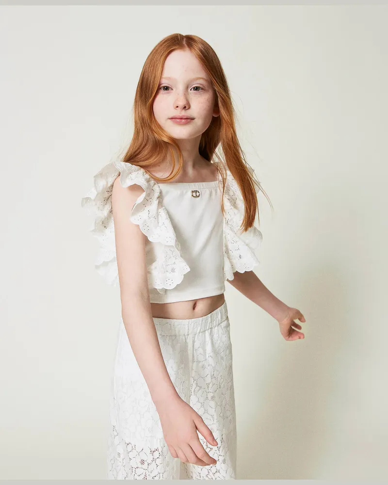 Twin-Set Tops - Top mit Volants aus Spitze und Stoff mit Lochstickereien, Lucent White, Größe: 8A 