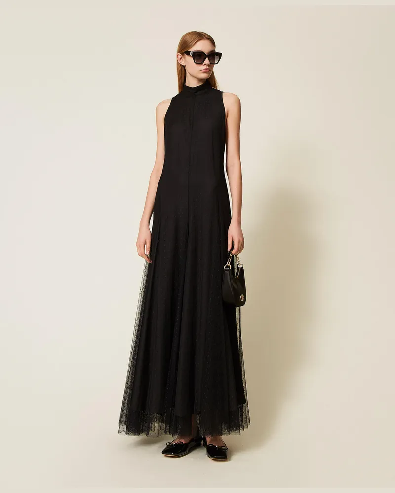 Twin-Set Kleider - Maxikleid aus Plumetis-Tüll, Schwarz, Größe Schwarz