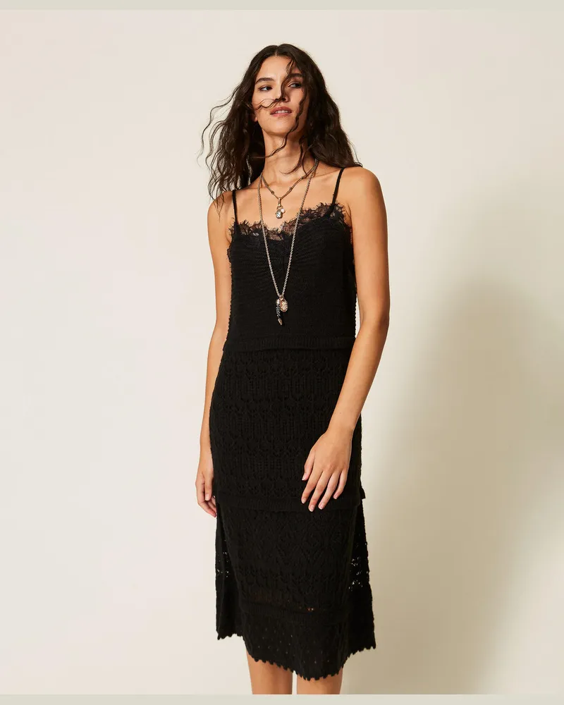 Actitude by Twinset Maxikleid aus recyceltem Strickgewebe mit Spitze Schwarz
