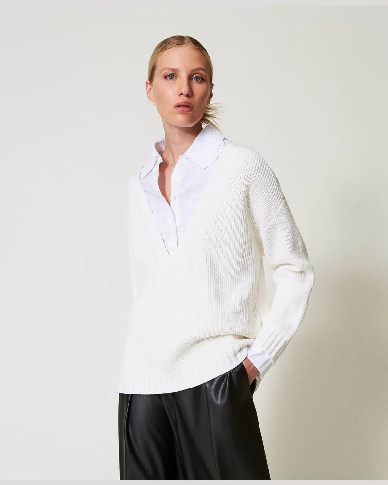 Twin-Set Pullover mit Hemdeinsatz, Perlmutt, Baumwolle, Größe Perlmutt