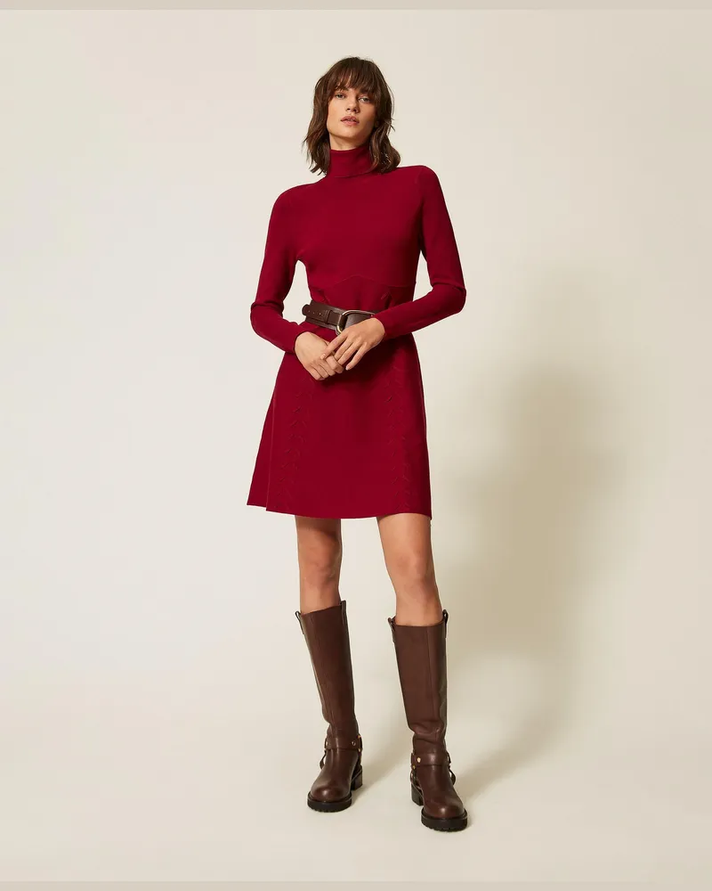 Twin-Set Kurzes Strickkleid mit Stehkragen, Damen, "Rhabarberrot Rhabarberrot