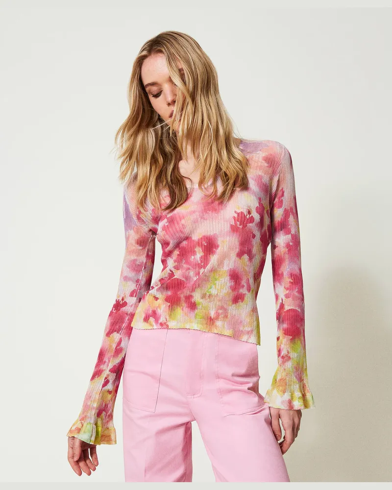 Twin-Set Figurbetonter Pullover mit nuanciertem Blumenprint, Print Blume Schattiert Multicolor, Mit Blumen, Größe: XXL 