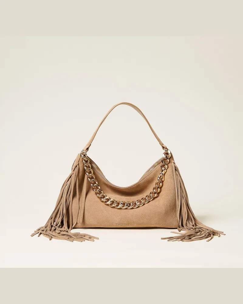 Twin-Set Taschen - Mittelgroße Tasche „Liliane" aus Veloursleder, Sand, Einheitsgröße 