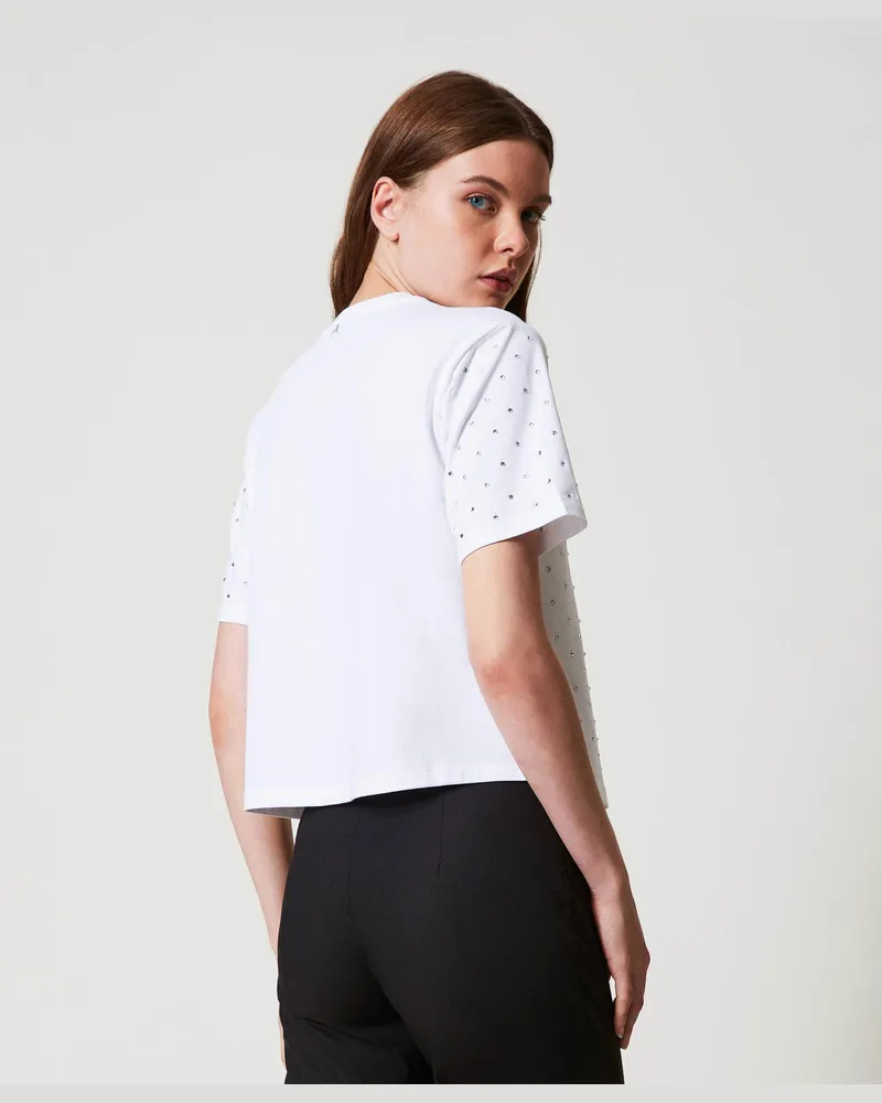 Actitude by Twinset T-Shirts - T-Shirt im Kastenschnitt mit Strass, "Papers"-Weiß, Größe Papers-weiß