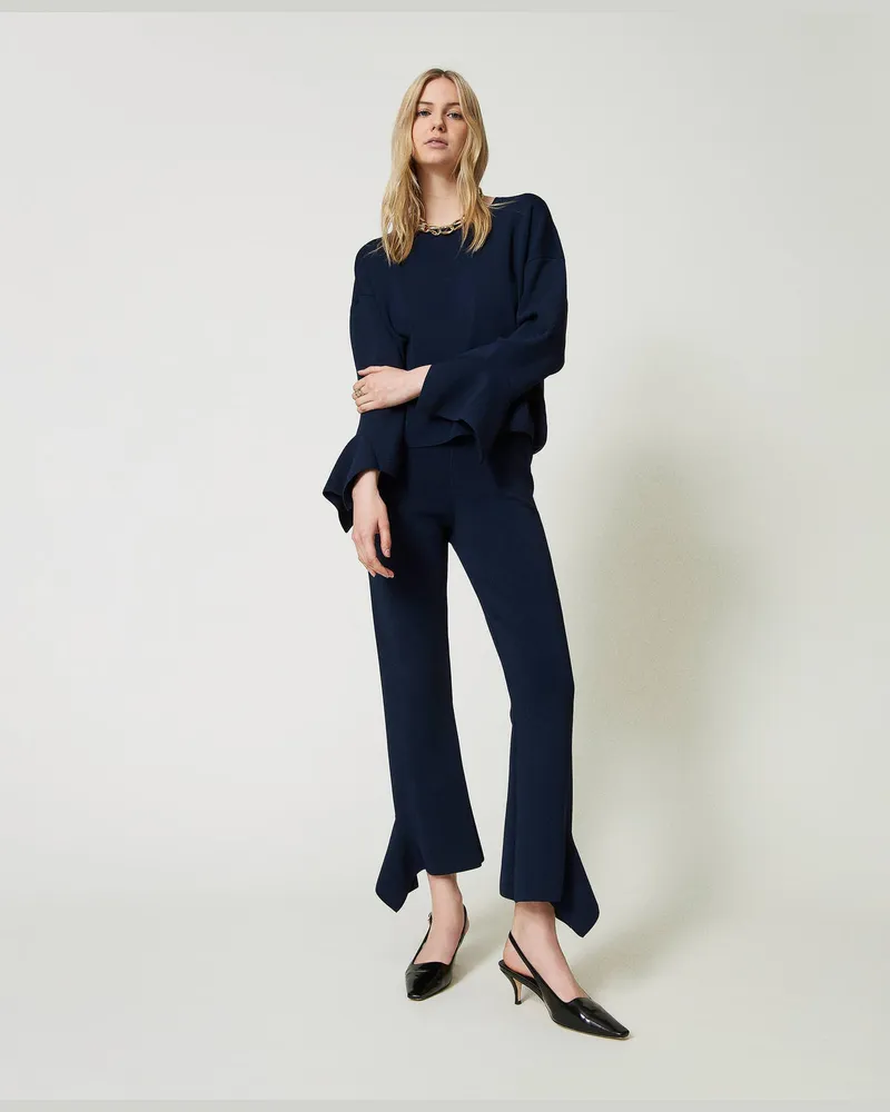 Twin-Set Hosen - Flare-Hose aus Gestrick mit Volants, Indigo, Größe Indigo