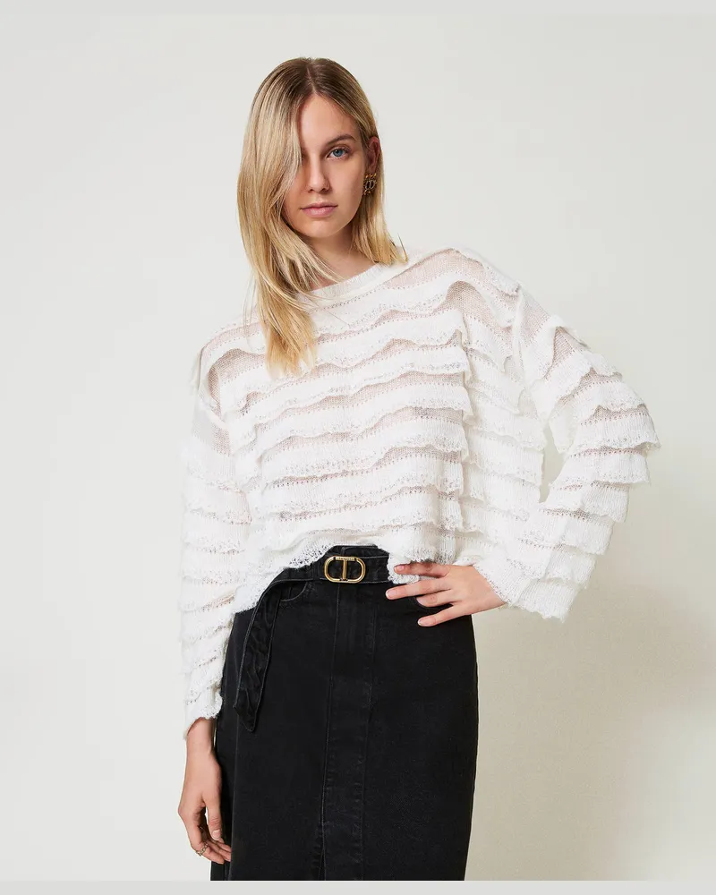 Twin-Set Kastenpullover mit Volants in Spitzenoptik, Weiß Schnee, Größe: XXL 