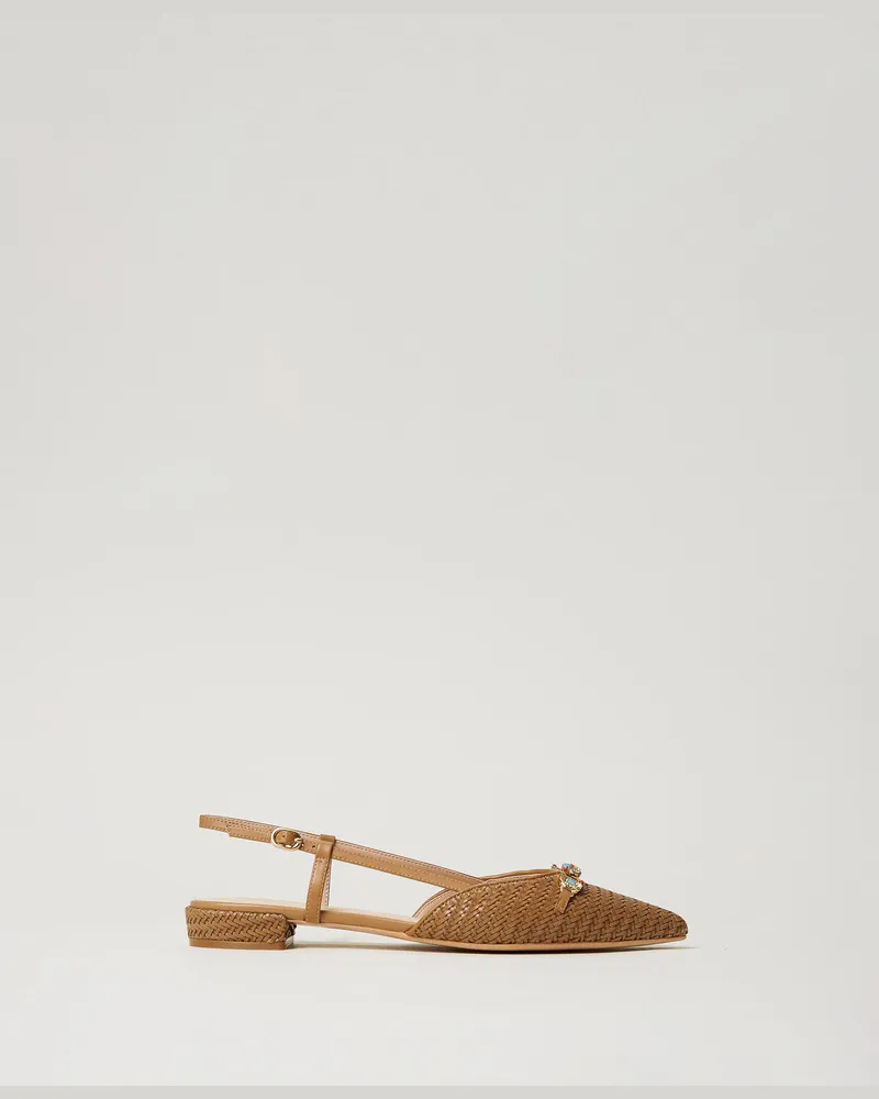 Twin-Set Schuhe - Slingback-Ballerina mit „Oval T"-Logo, Natur Weiß, Größe Natur