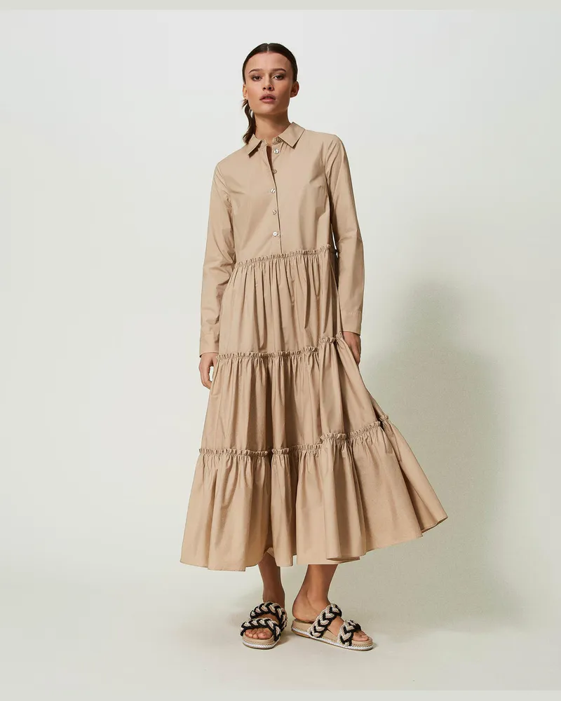 Twin-Set Bademode - Maxistufenkleid aus Popeline, Nougat Beige, Baumwolle, Größe: XS 