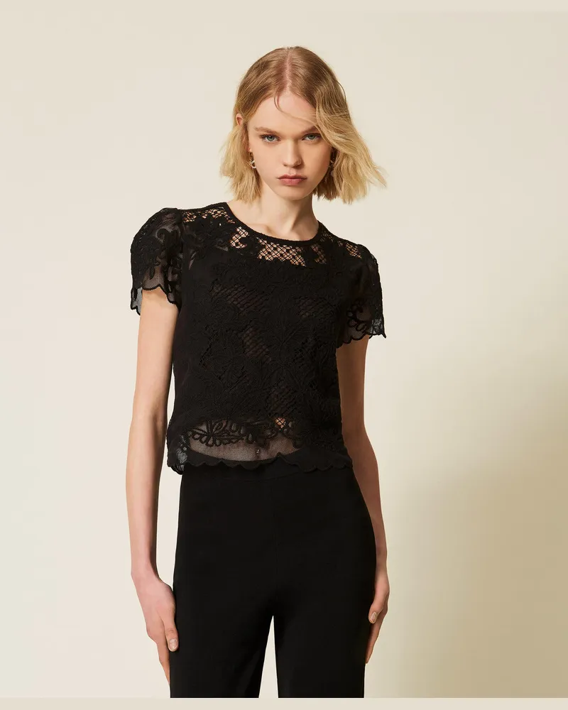 Twin-Set Blusen - Bluse aus Musselin mit Stickerei, Schwarz, Größe Schwarz