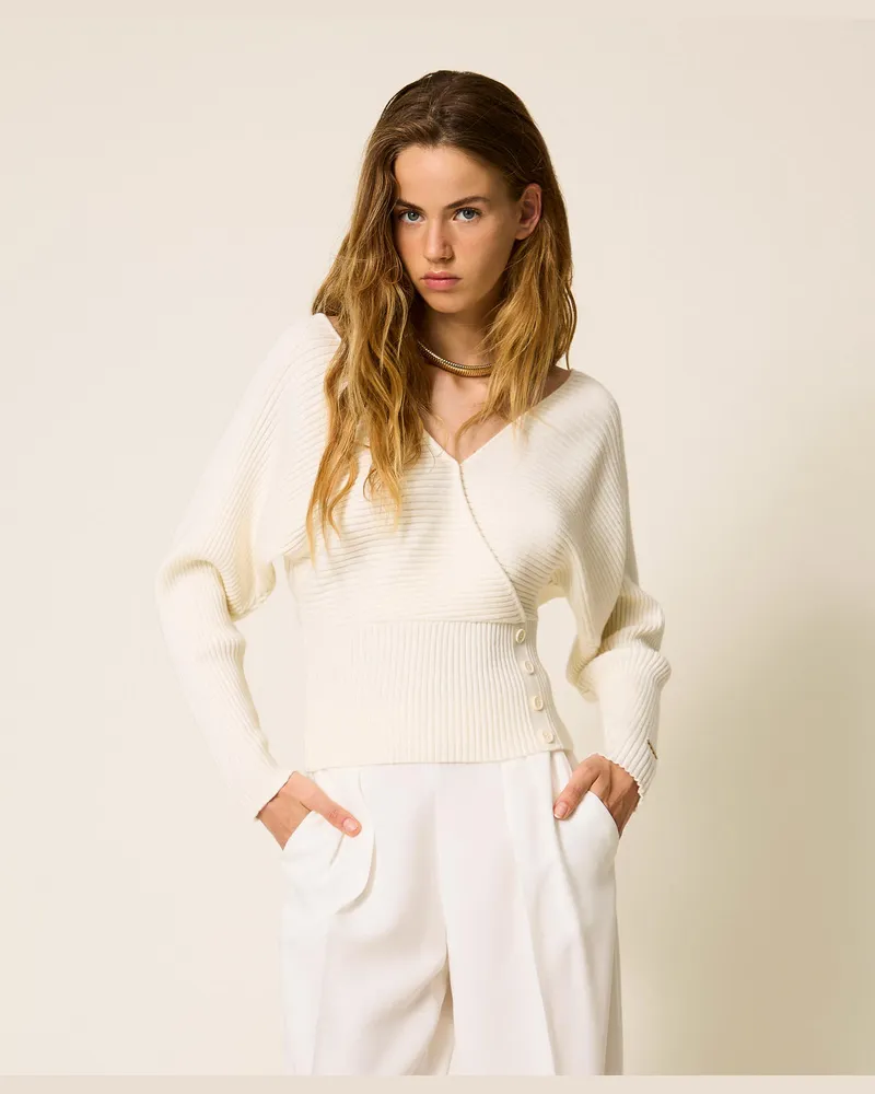 Twin-Set Gerippter Pullover mit Überlappung, Mattweiß, Wolle, Größe Mattweiß