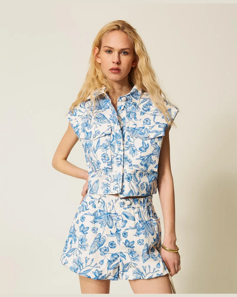 Twin-Set Bademode - Weste aus Bull-Denim im floralen Dessin, Print Toile De Jouy Off White/Blu Med, Mit Blumen, Größe Print