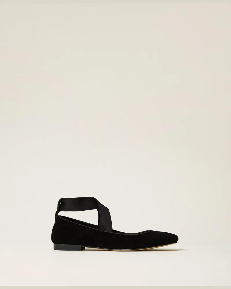 Twin-Set Ballerina aus Veloursleder, Damen, Schwarz Schwarz