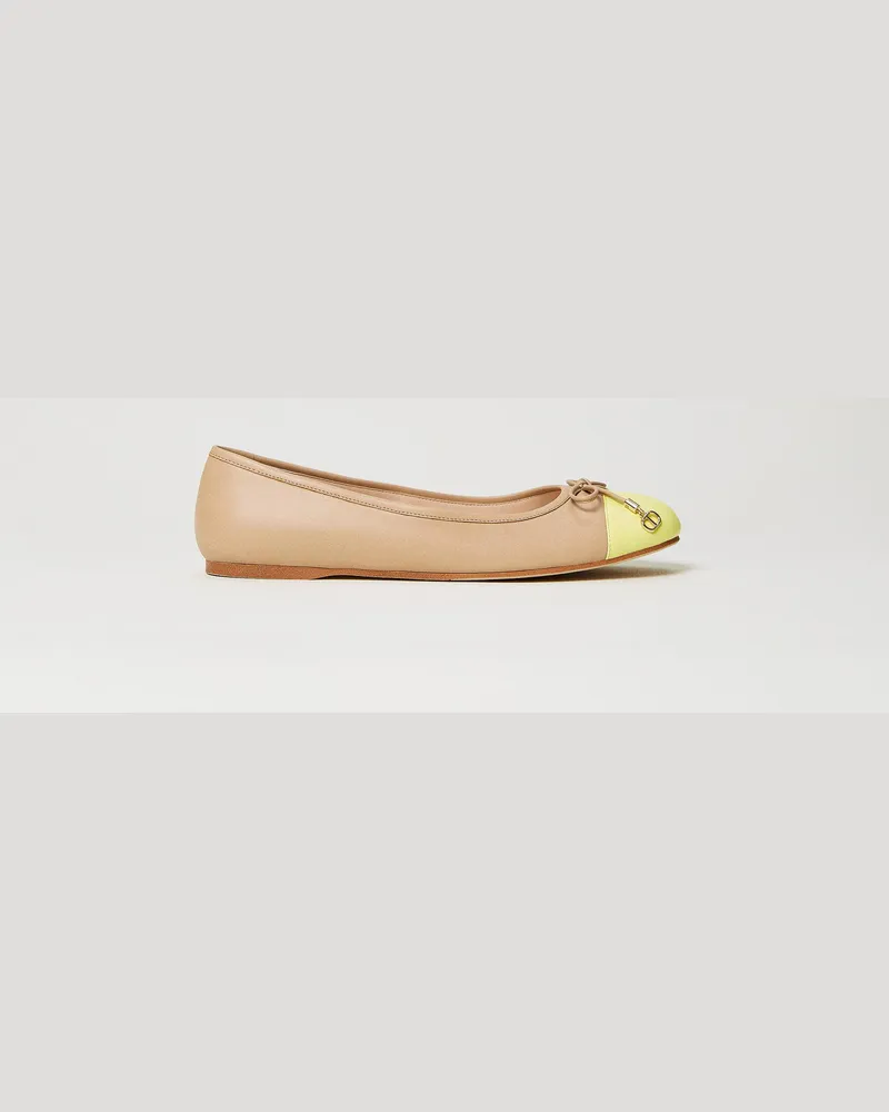 Twin-Set Schuhe - Ballerina mit Schleife, Zweifarbig „Hazelnut"-Braun / Light Lemon, Größe Zweifarbig