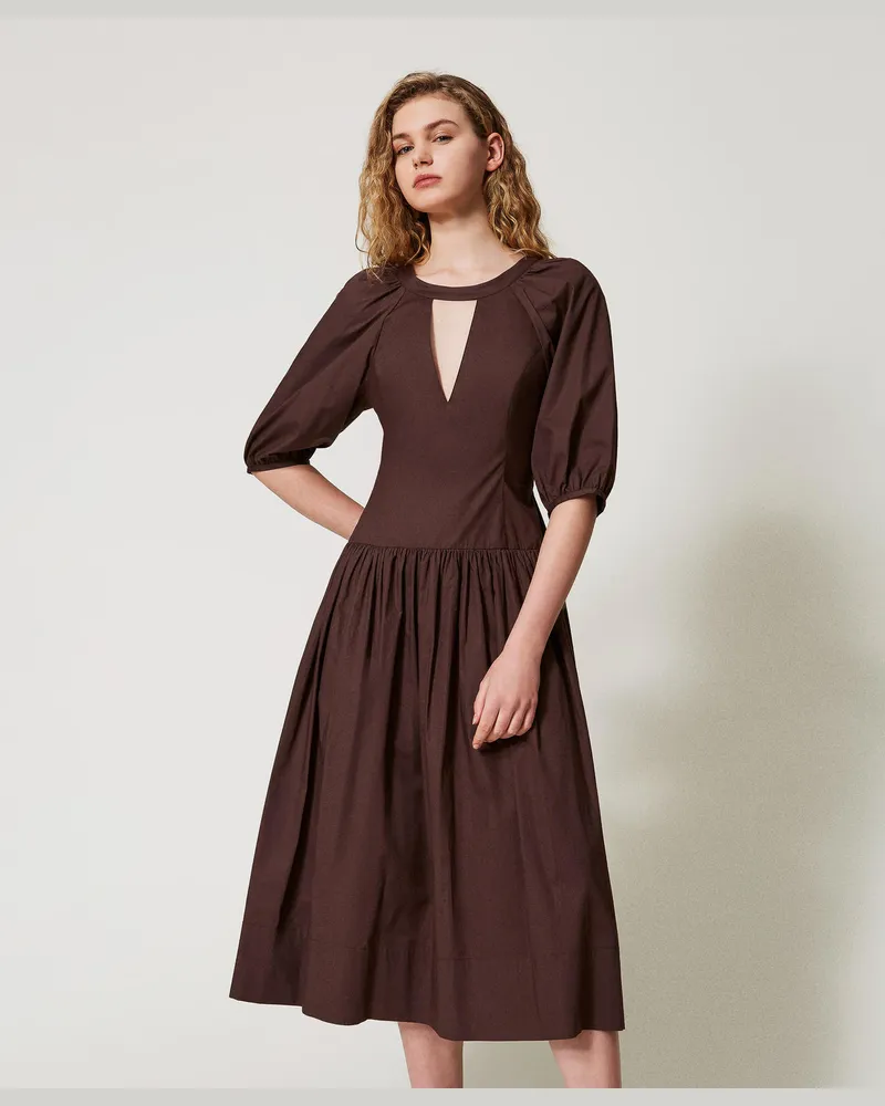Twin-Set Kleider - Midikleid aus Popeline, Kaffee, Baumwolle, Größe Kaffee