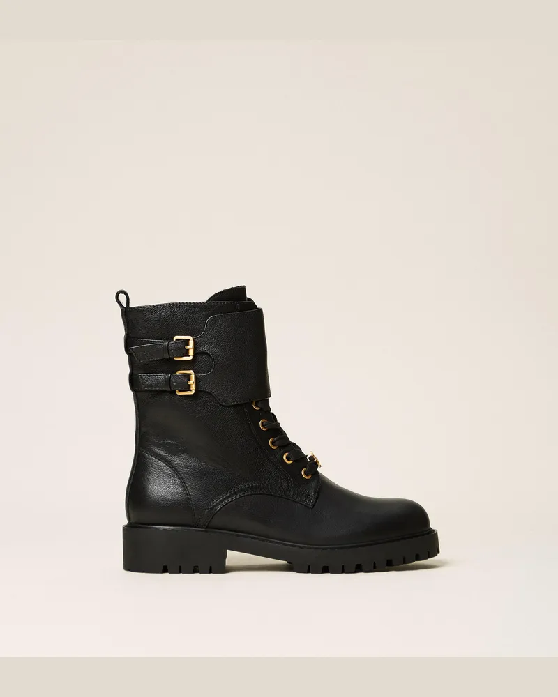 Twin-Set Schnürstiefelette aus Leder mit Riemen, Damen, Schwarz Schwarz