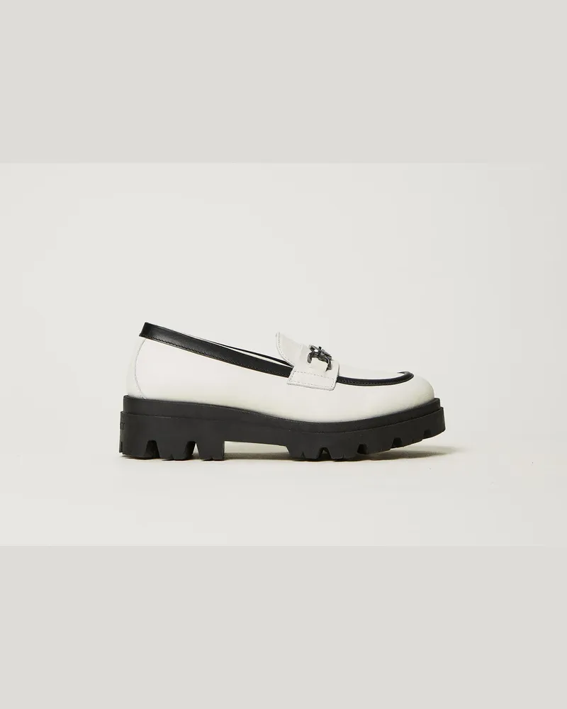 Twin-Set Schuhe - Ledermokassin mit Oval T, Mattweiß, Größe Mattweiß