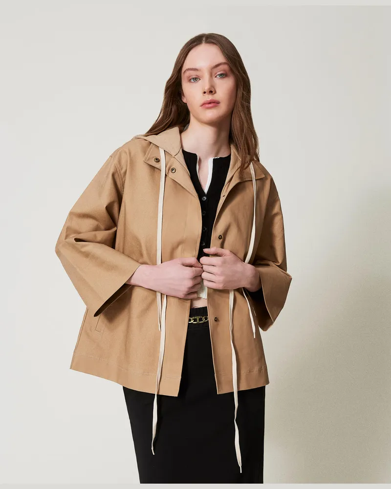Twin-Set Jacken und Outerwear - Cabanjacke mit Tunnelzugkapuze, "Rope"-Beige, Baumwolle, Größe Rope-beige