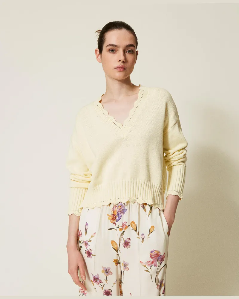 Twin-Set Pullover mit Bogenrändern, Vanilla, Baumwolle, Größe: XXL 