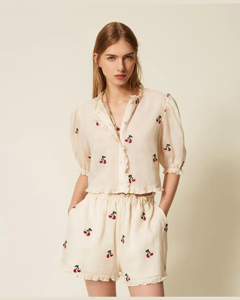 Twin-Set Hemden - Cropped-Hemdbluse aus Ramie mit Kirschenstickerei, Pergamentweiß/Cherries Red Embroidery, Größe Pergamentweiß