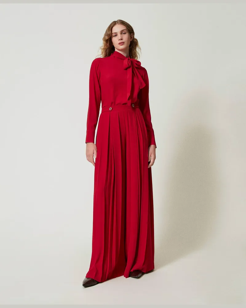 Twin-Set Hosen - Hose aus plissiertem Krepp mit Knöpfen, Venedigrot, Plissee, Größe Venedigrot