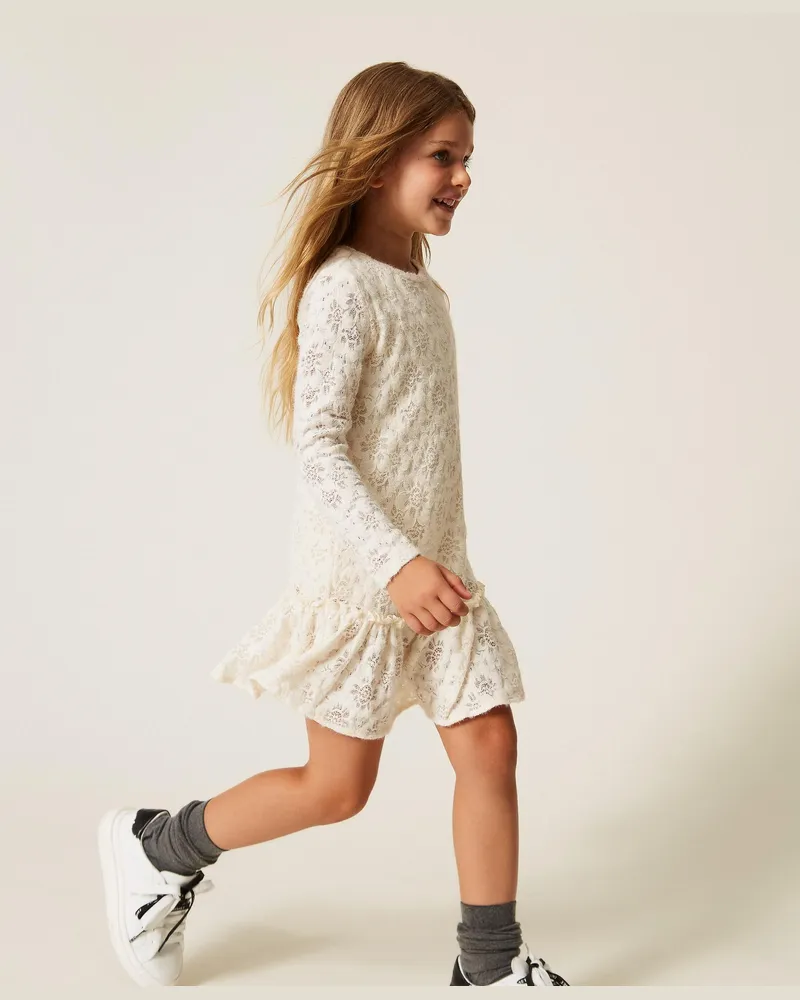 Twin-Set Kurzes Babykleid aus Spitze, Damen, Weiß Schnee Weiß