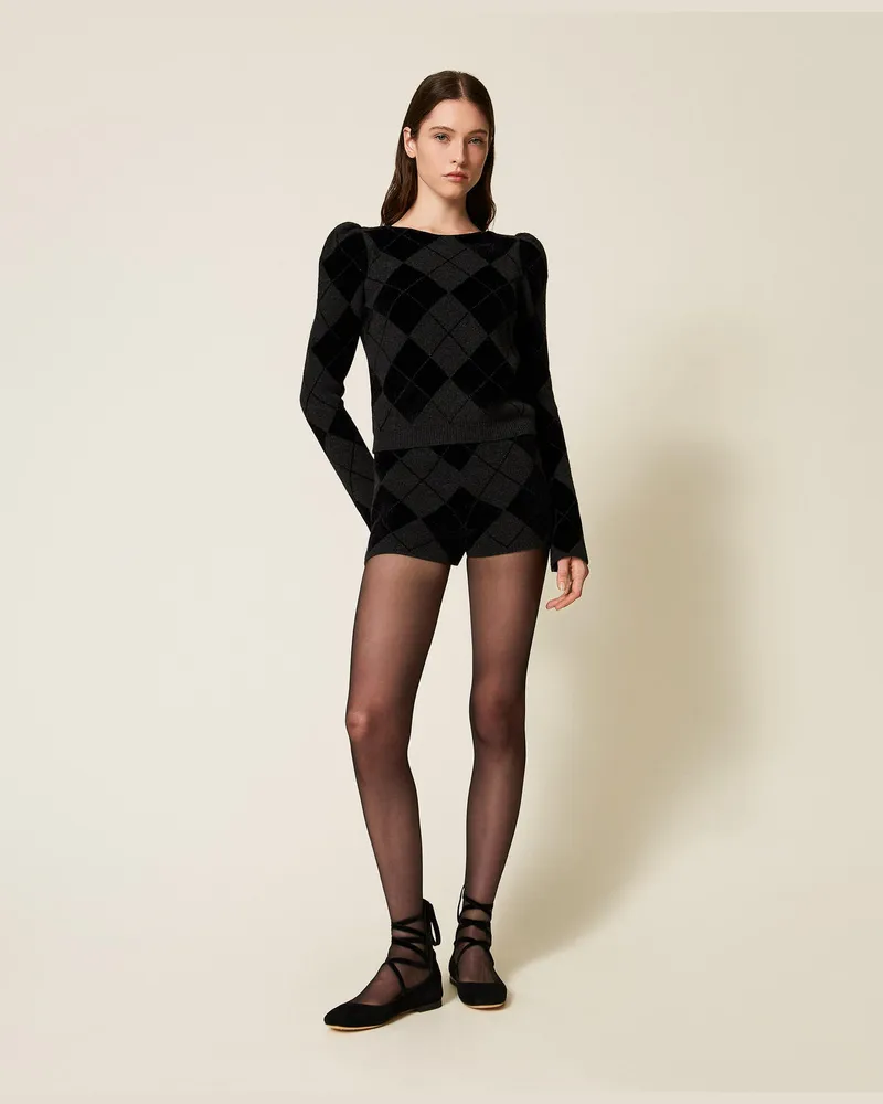 Twin-Set Hosen - Strickshorts mit Rautenmuster und Intarsien, Zweifarbig Anthrazit / Schwarz, Größe Zweifarbig