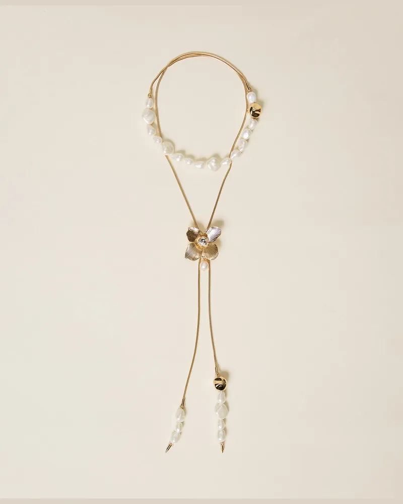 Twin-Set Accessoires - Choker-Halskette mit Perlen und Blume, New Gold, Einheitsgröße New