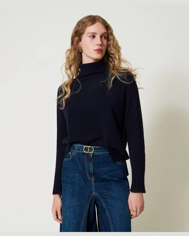 Twin-Set Rollkragenpullover aus Wolle und Kaschmir, Indigo, Größe: XXL 