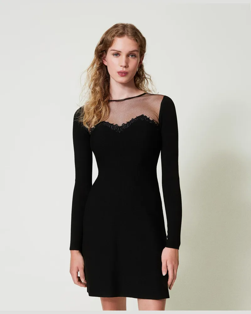 Twin-Set Kleider - Kurzes Strickkleid mit Tüll und Stickerei, Schwarz, Größe Schwarz