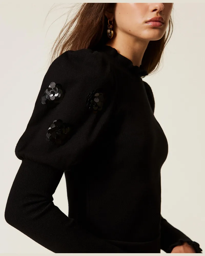 Twin-Set Pullover mit aufgestickten Pailletten, Damen, Schwarz Schwarz