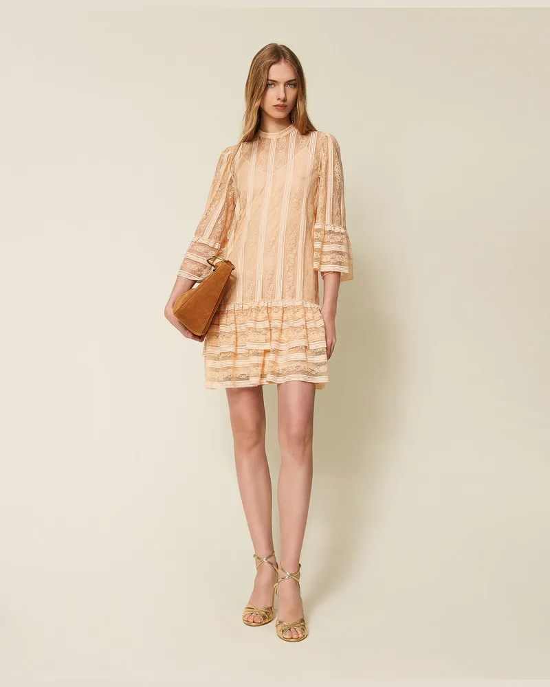 Twin-Set Kleider - Kurzes Kleid aus Spitze im Streifen-Dessin mit Gürtel, "Peach Pink"-Rosa, Größe Peach