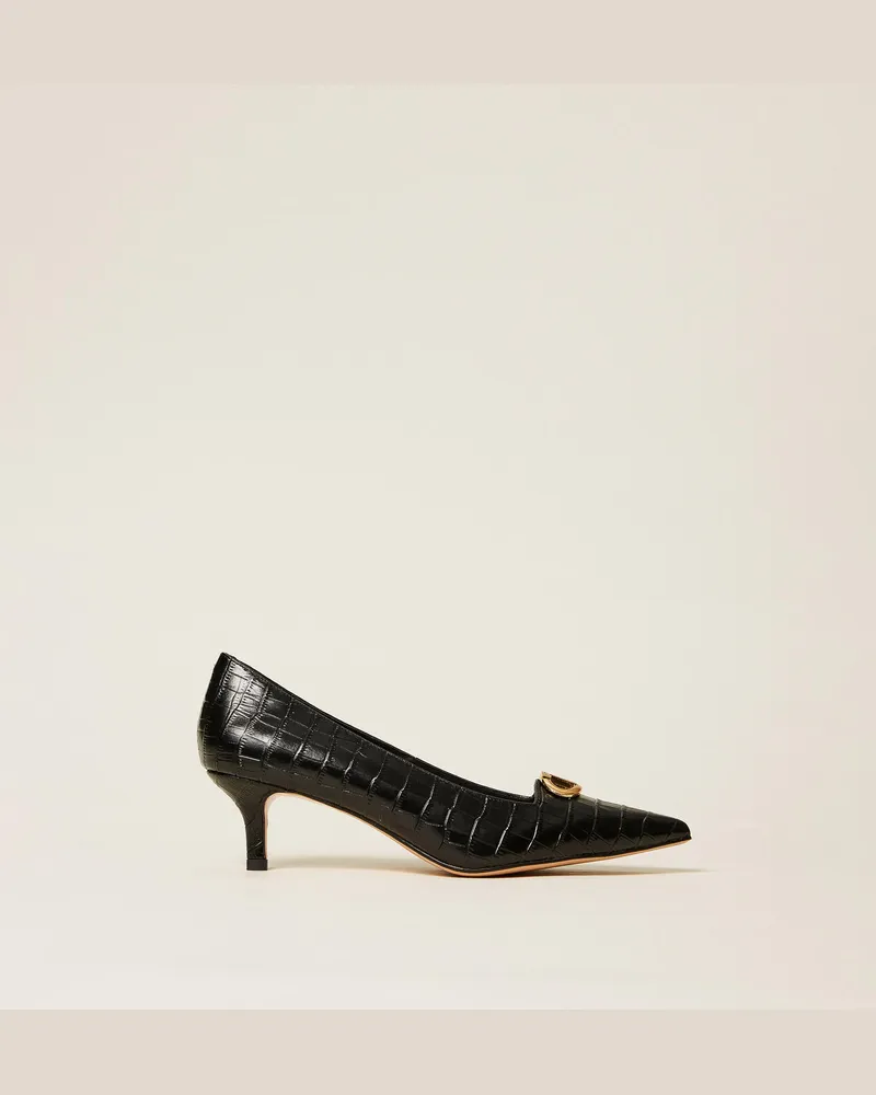 Twin-Set Schuhe - Pumps mit Krokoprägung und Oval T, Schwarz, Leder, Größe Schwarz