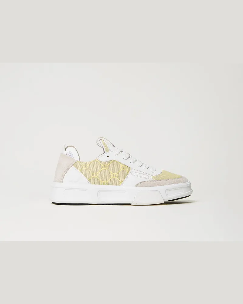 Twin-Set Schuhe - Fessura Sneakers mit Kontrasteinsätzen, Zweifarbig Optisches Weiß / „Lemon Grass"-Gelb, Größe Zweifarbig