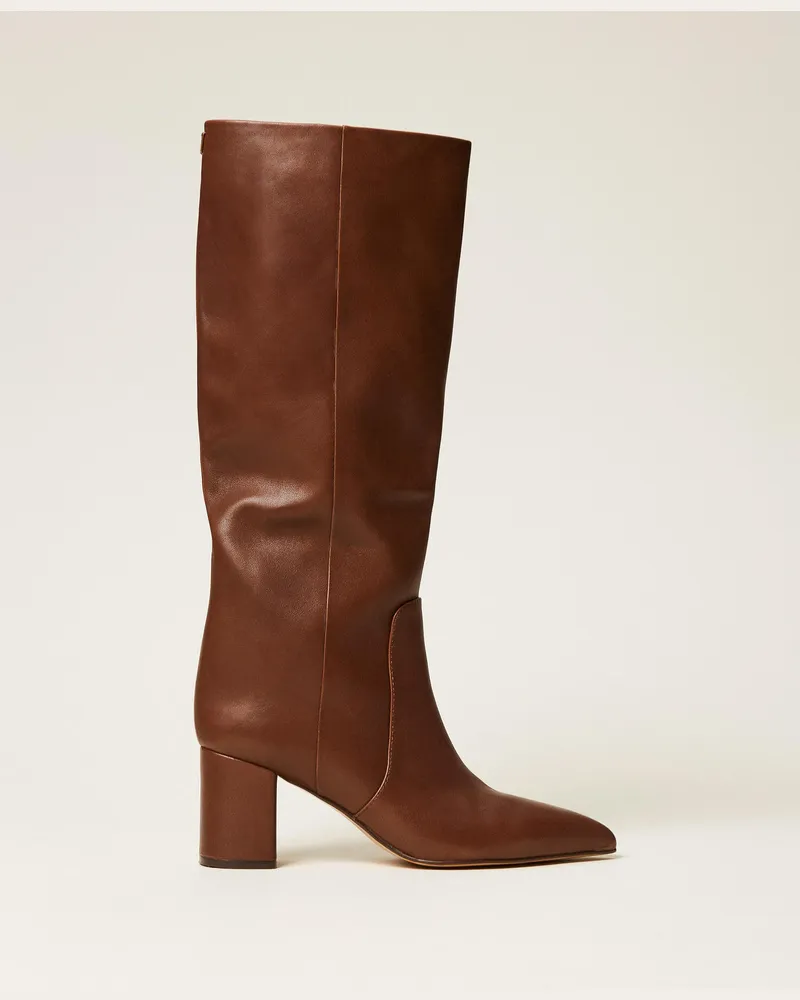 Twin-Set Hoher Stiefel aus Leder Nut-braun