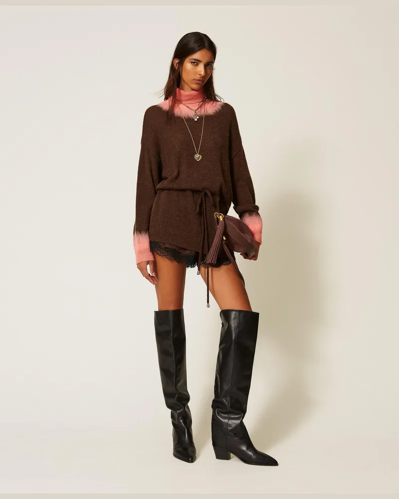 Twin-Set Zweifarbiger Myfo Longpullover aus Wollmischung, Damen, Black Chocolate Black