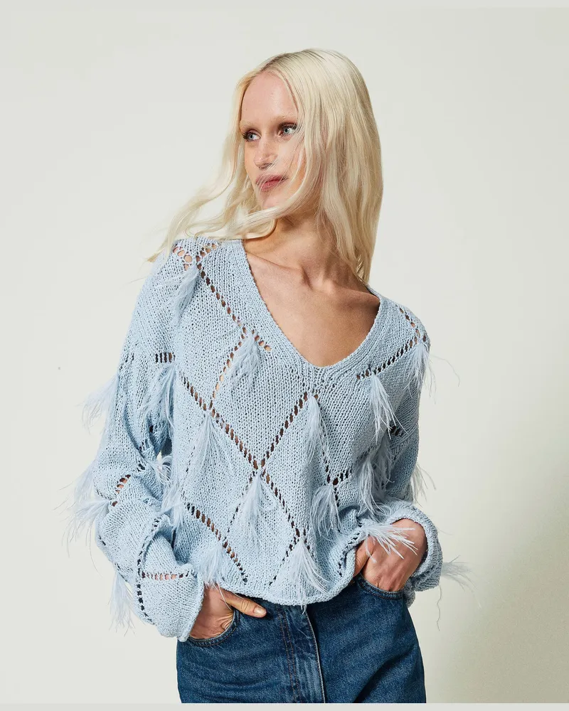 Twin-Set Pullover mit Rauten und Federn, „Blue Tear"-Azur, Baumwolle, Größe: XXL 