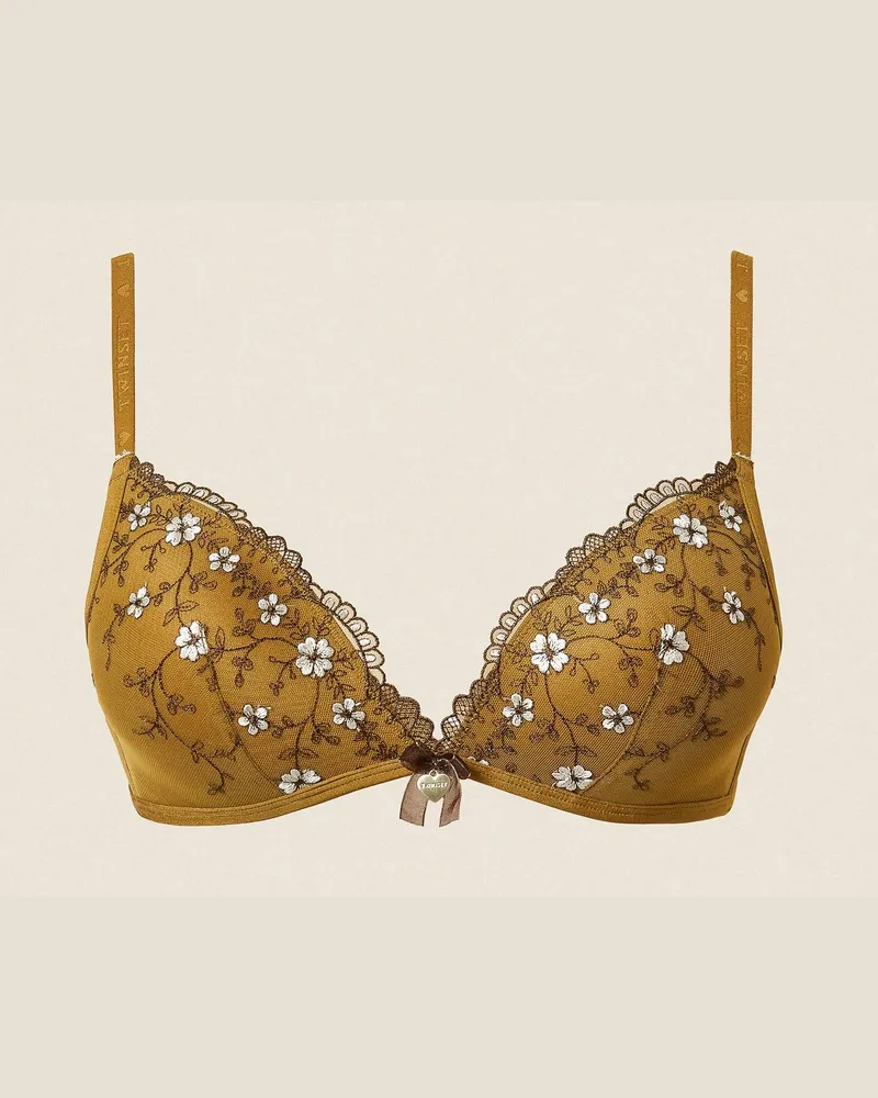 Twin-Set Triangel-BH aus besticktem Tüll, Damen, Stickerei Shiny Oil / Mocha / Perlmutt Stickerei