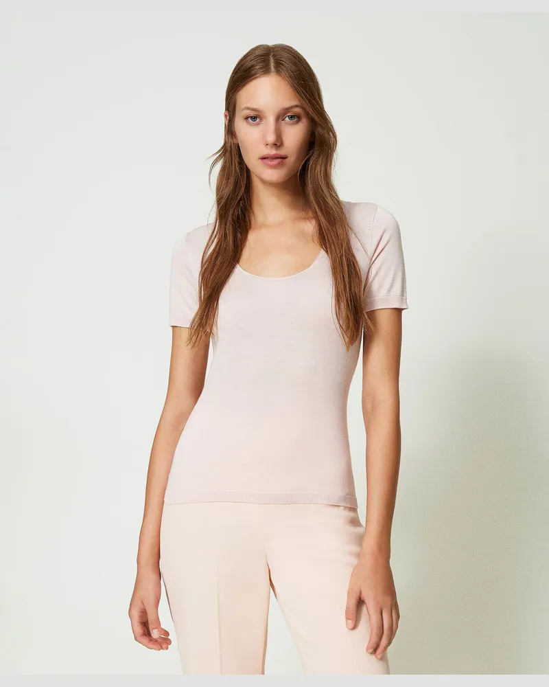 Twin-Set Nahtloser Seidenpullover mit tiefem Ausschnitt, Cupcake Pink, Größe: XXL 