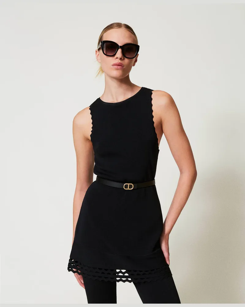 Twin-Set Tops - 2-in-1-Stricktop mit Lochmuster, Schwarz, Größe: XS 