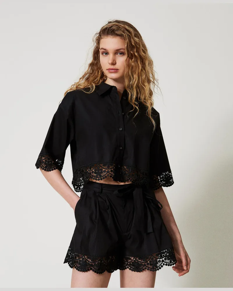 Twin-Set Hosen - Popelineshorts mit Spitze, Schwarz, Größe Schwarz