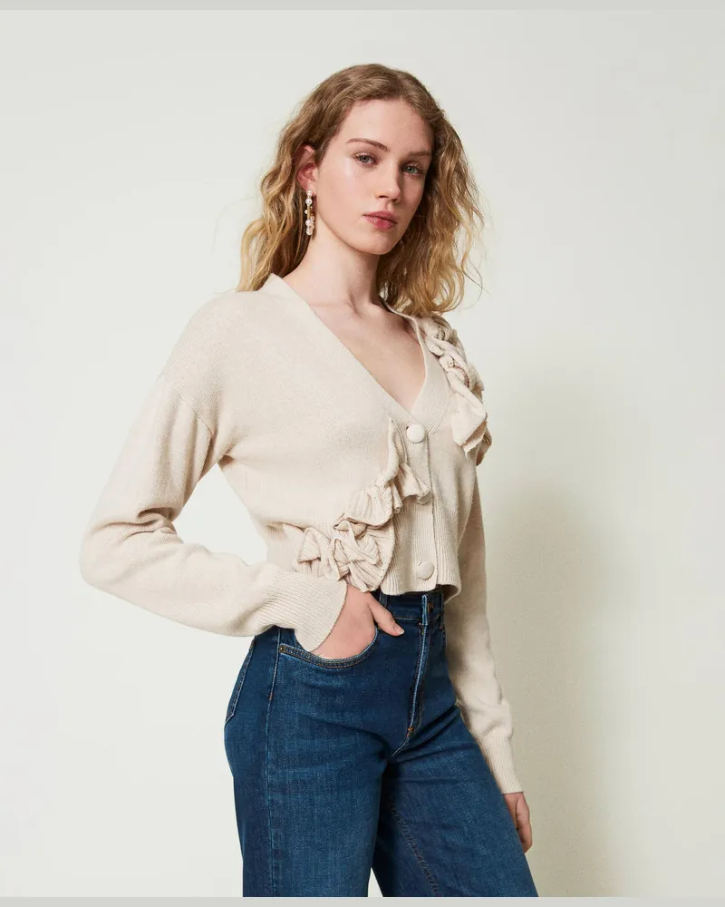 Twin-Set Cardigans - Cardigan aus Wollmischung mit Volants, „Old White", Wolle, Größe: XXL 