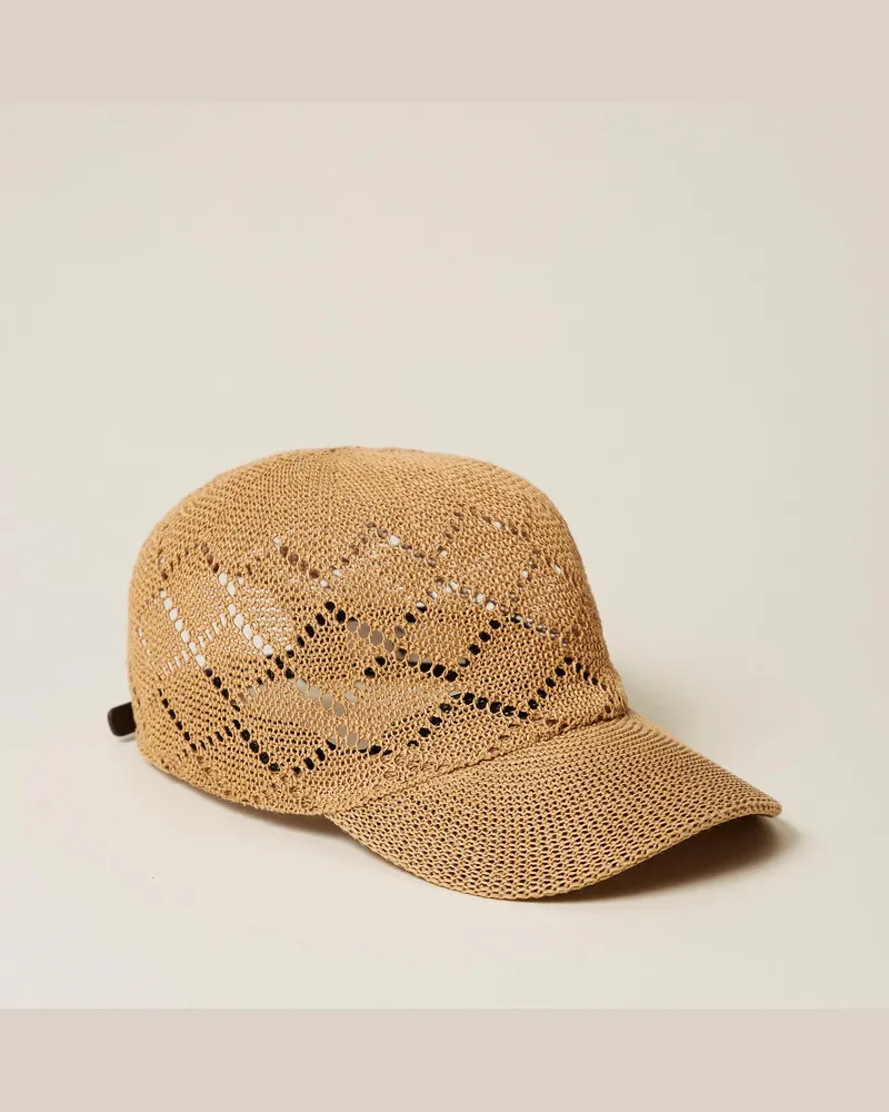 Twin-Set Accessoires - Baseballkappe aus Raffia im Häkeldessin, „Dunkles Stroh"-Gelb, Einheitsgröße „dunkles