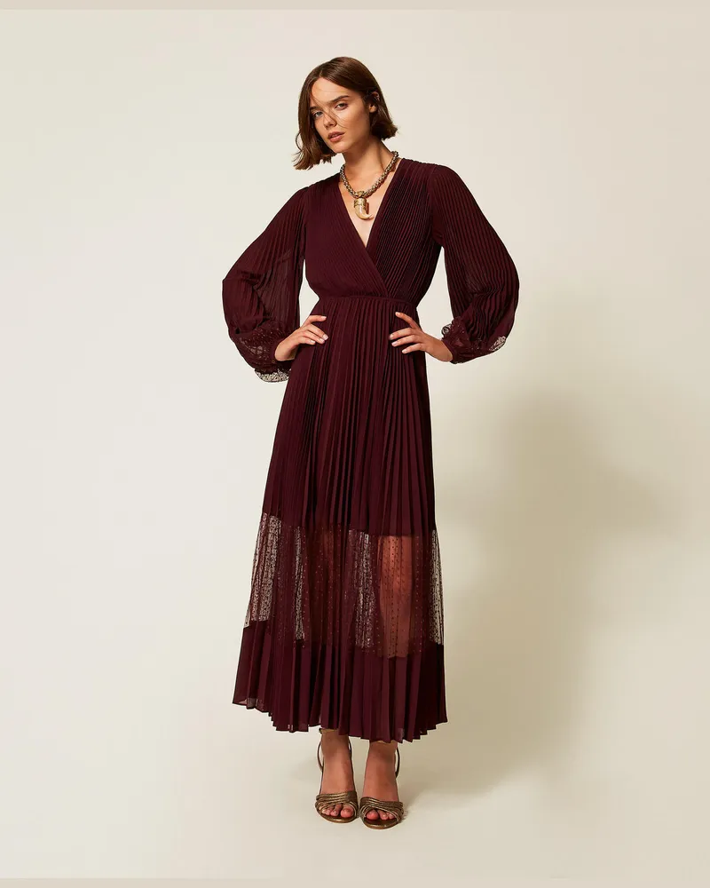 Twin-Set Kleider - Maxikleid aus Georgette und Tüll, "Winetasting"-Violett, Plissee, Größe Winetasting-violett